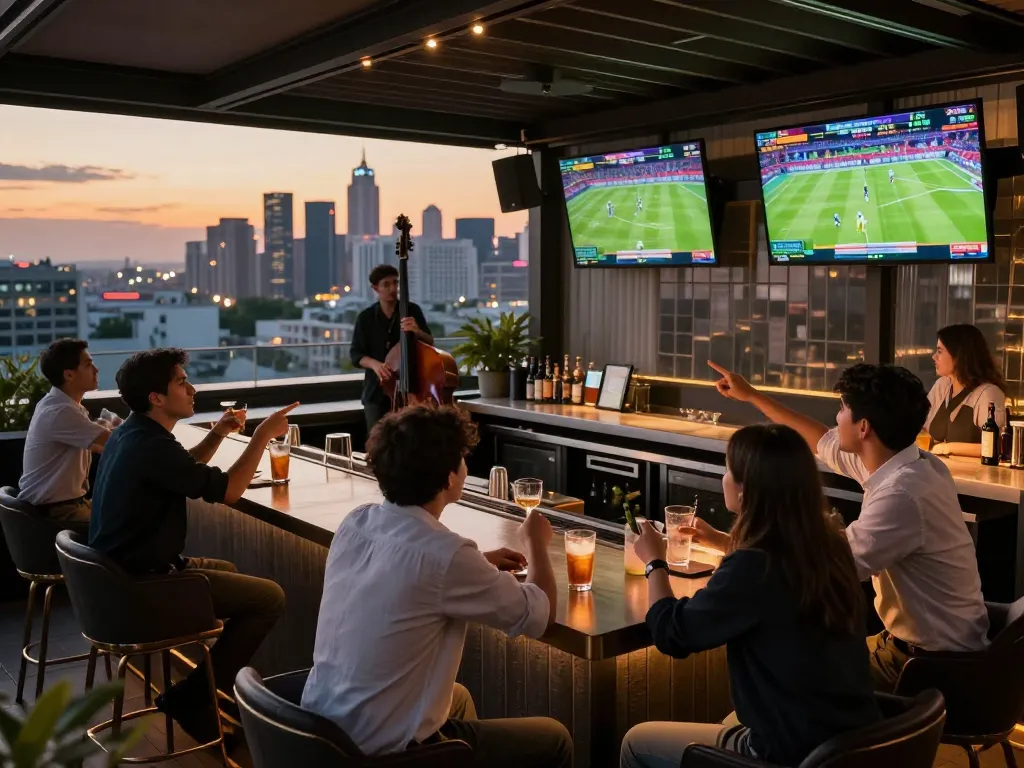 Engaging sports betting scene at 123b-bm with players excitedly watching games on screens