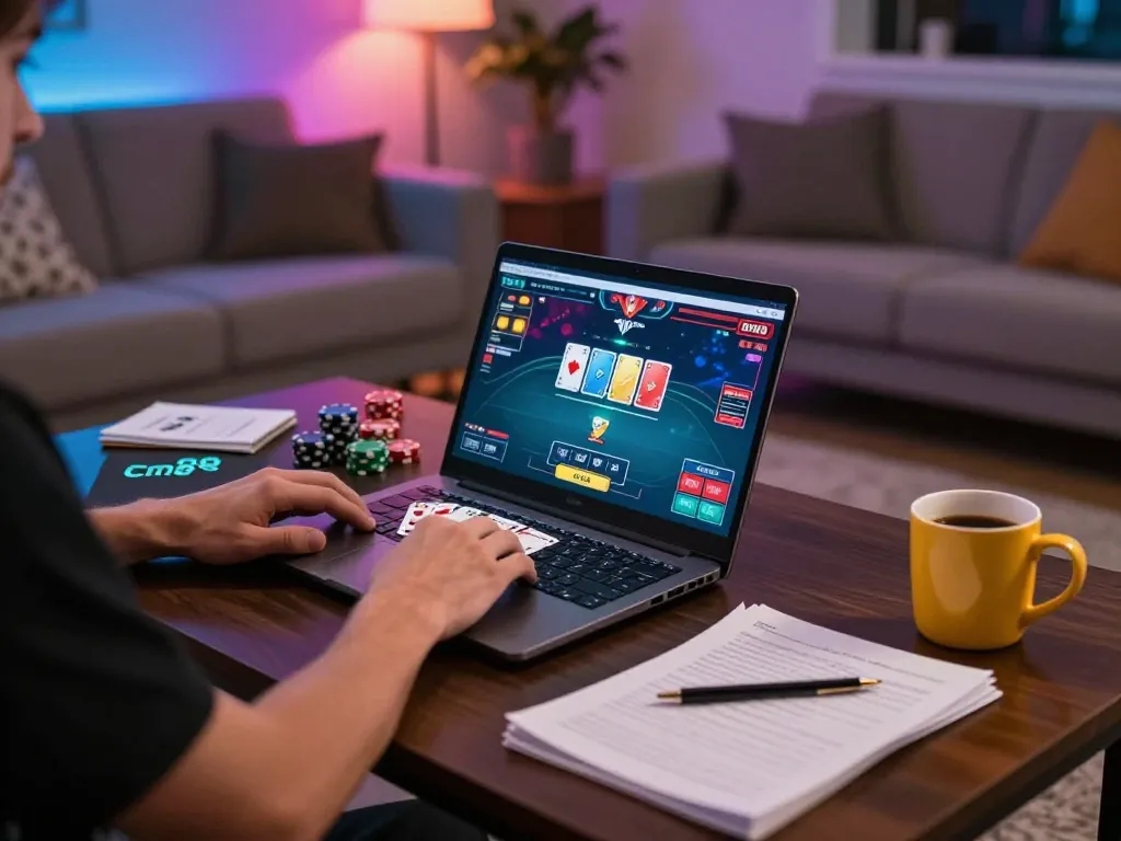 Player engaging in online poker on cm88 com with strategic notes and cozy setup