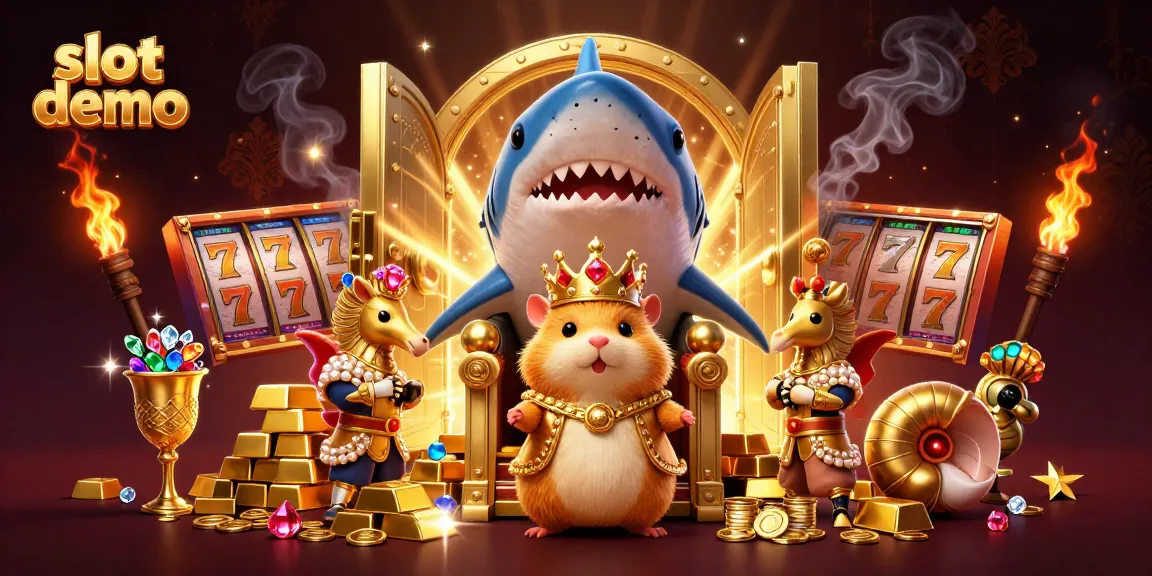 Menggapai kemenangan dengan slot demo di kasino online, dipenuhi simbol beruntung dan harta berkilau.