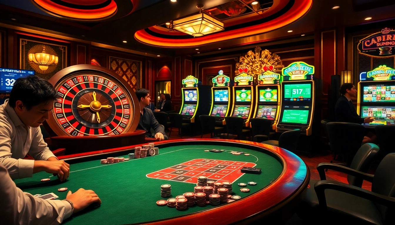 Action de jeu passionnante sur un site de casino en ligne, avec des tables de poker et une roulette tournante.