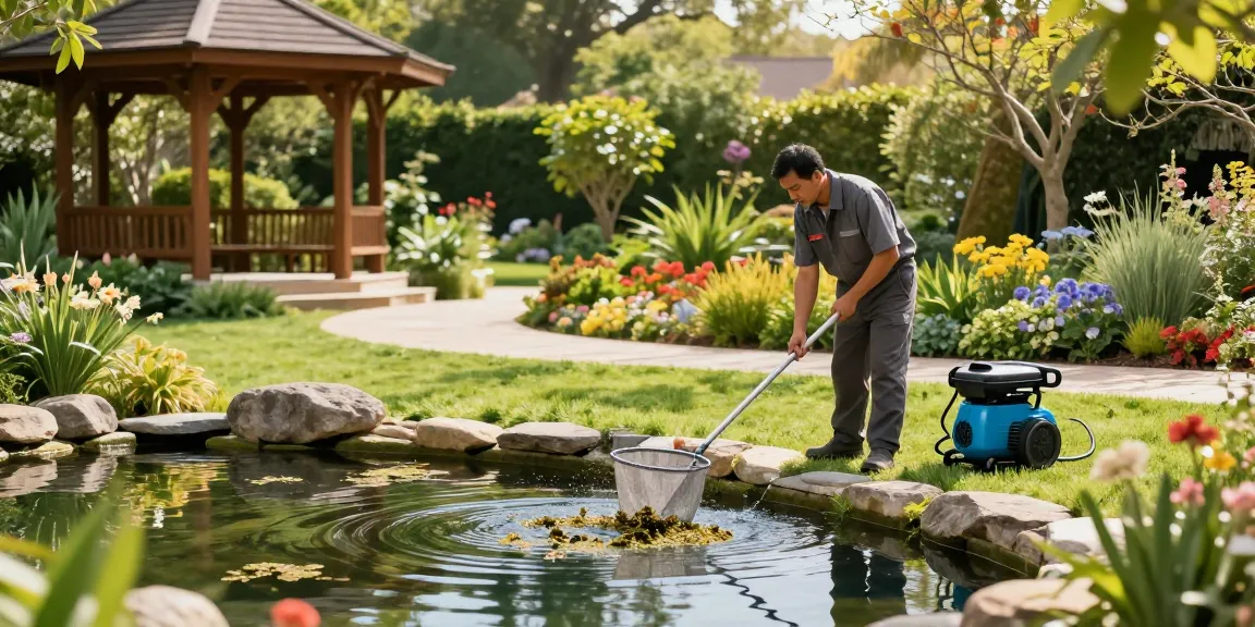 Pond Cleaning Surrey - Expert cleaner maintaining a vibrant garden pond with tools and natural surroundings.
