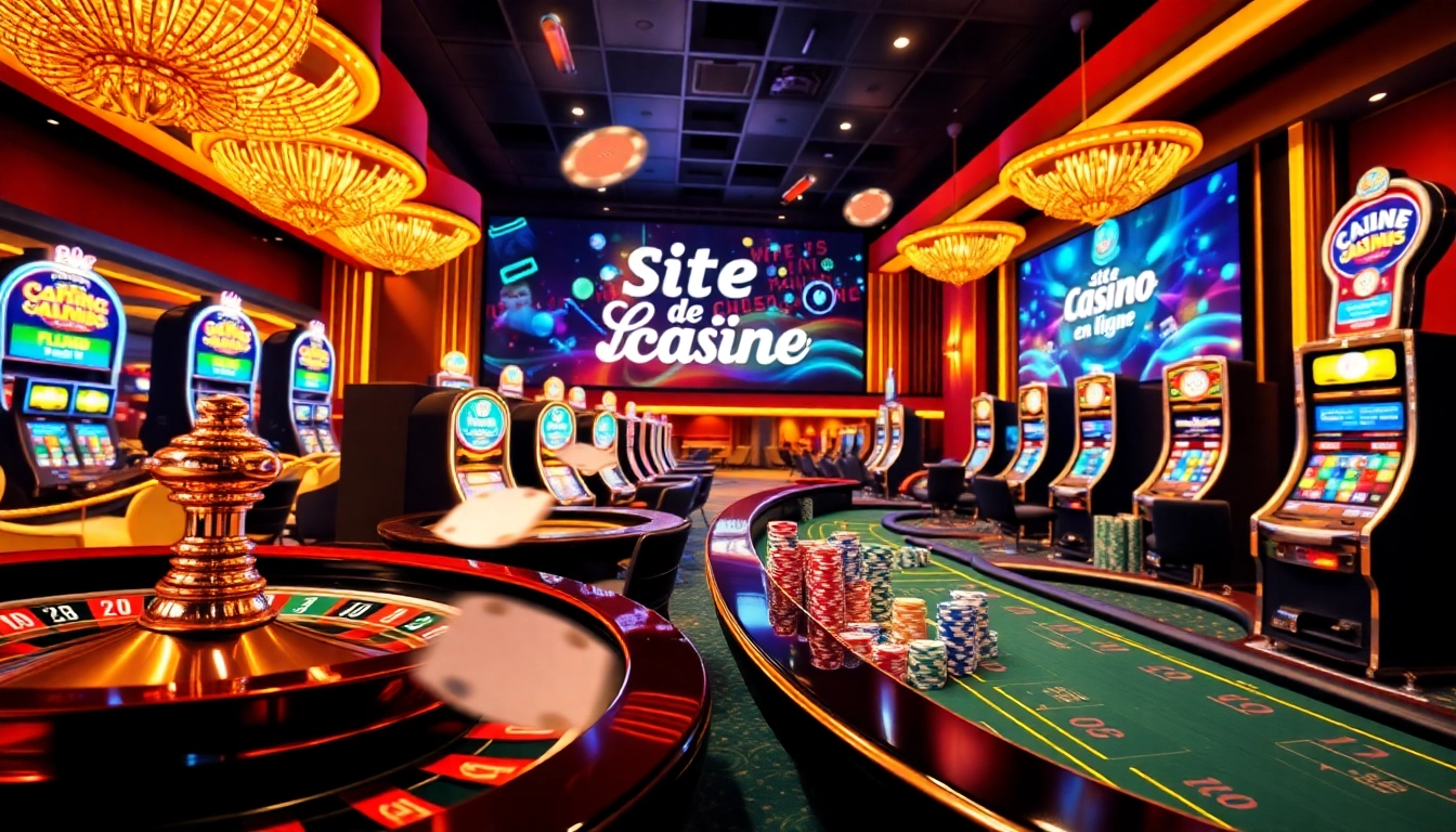 Scène engageante d'un site de casino en ligne avec des roues de roulette dynamiques et des machines à sous vibrantes.