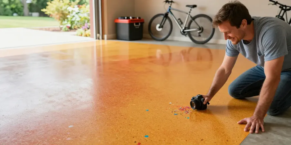 ElevateEpoxyFlooring.com showcasing a vibrant epoxy floor installation in a modern garage.