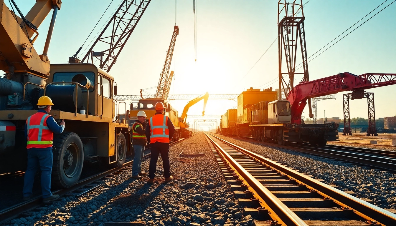Railroad Contractors collaborating on a busy construction site with heavy machinery.