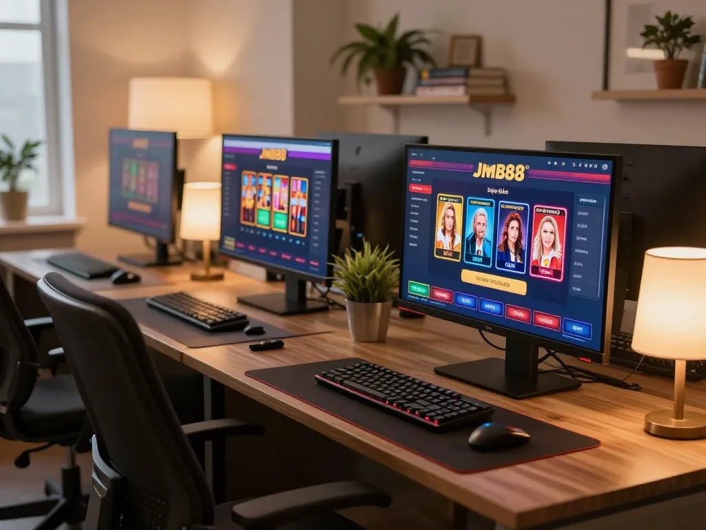 Engaging with jmb88 casino games on a stylish multi-screen online gaming setup