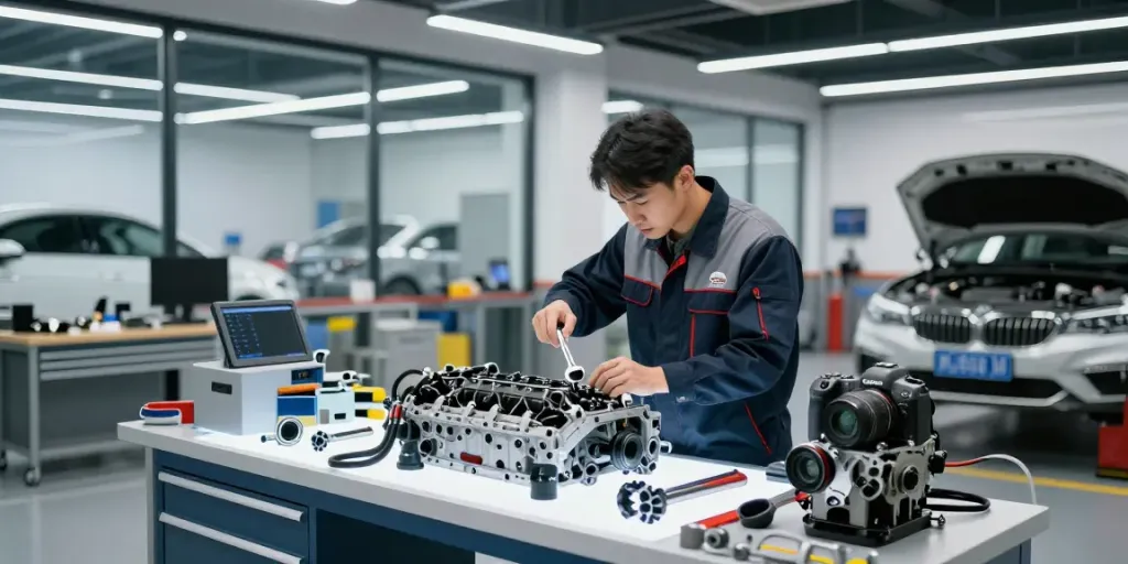 Mechaniker bei der Arbeit, Steuerkette wechseln in Hannover.