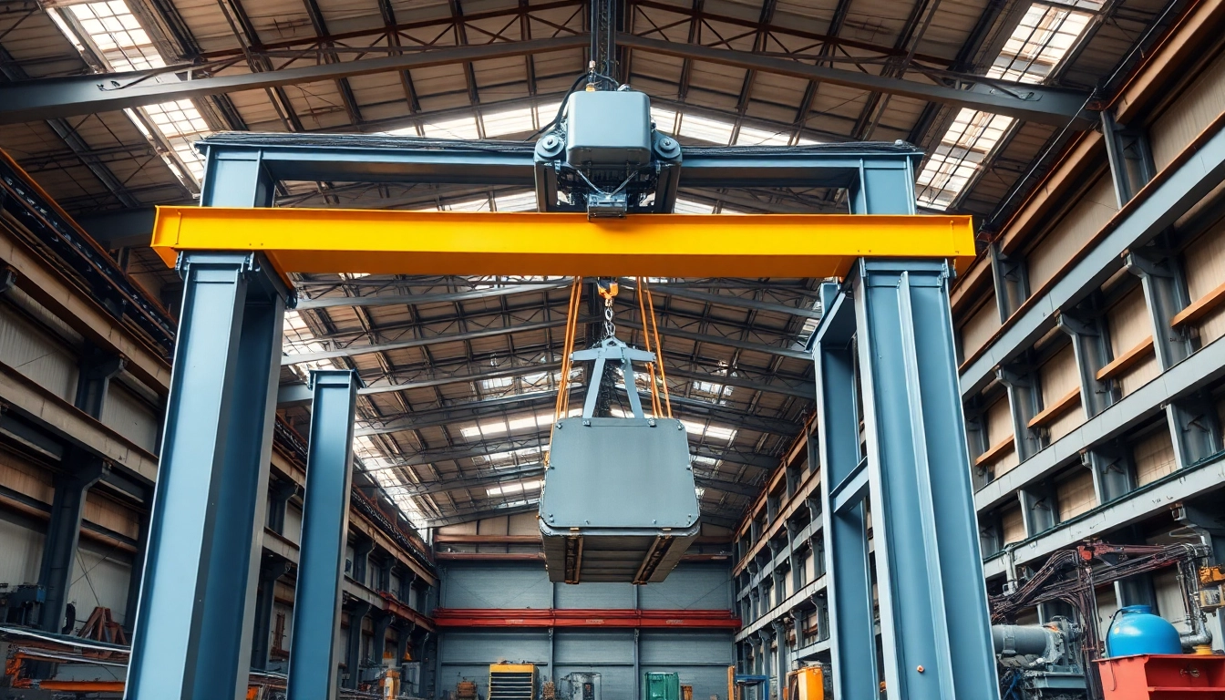 Double girder bridge crane lifting heavy loads in a professional industrial setting.