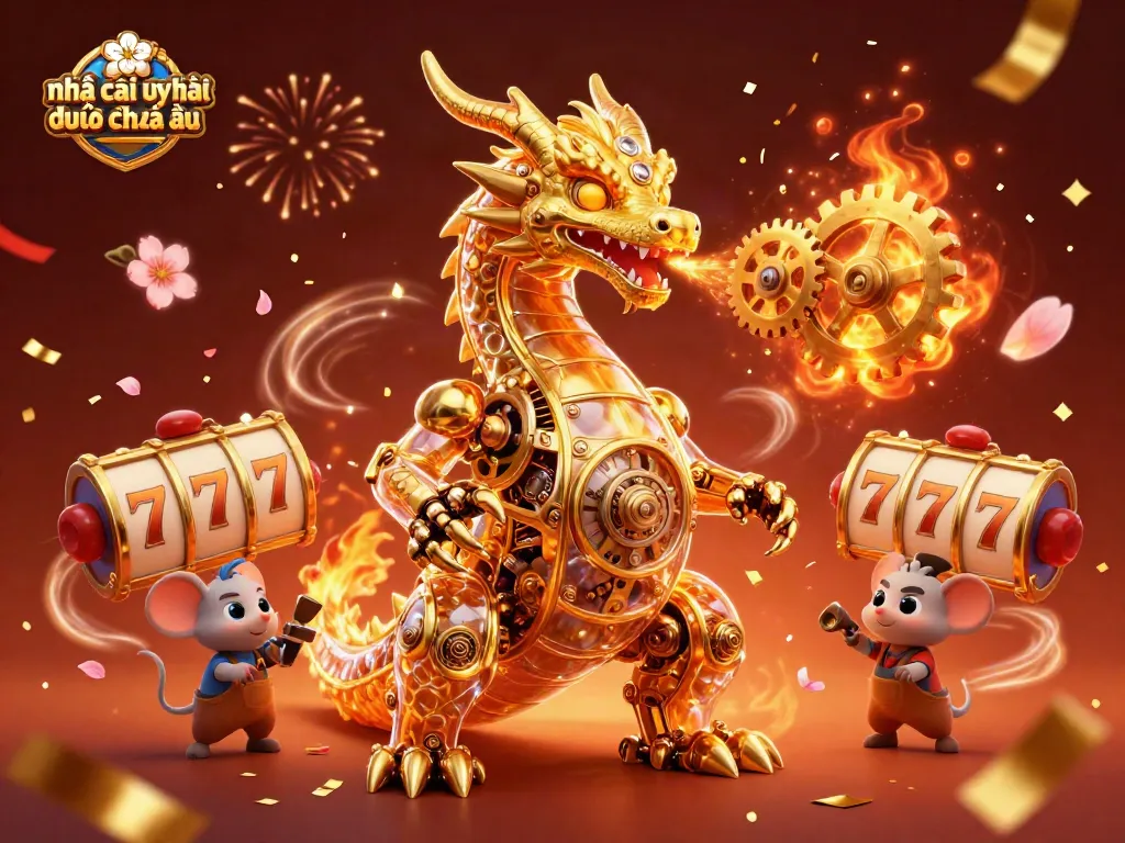 Cá cược nhà cái uy tín đến từ châu âu với rồng vàng cơ khí và vòng quay slot đầy màu sắc.