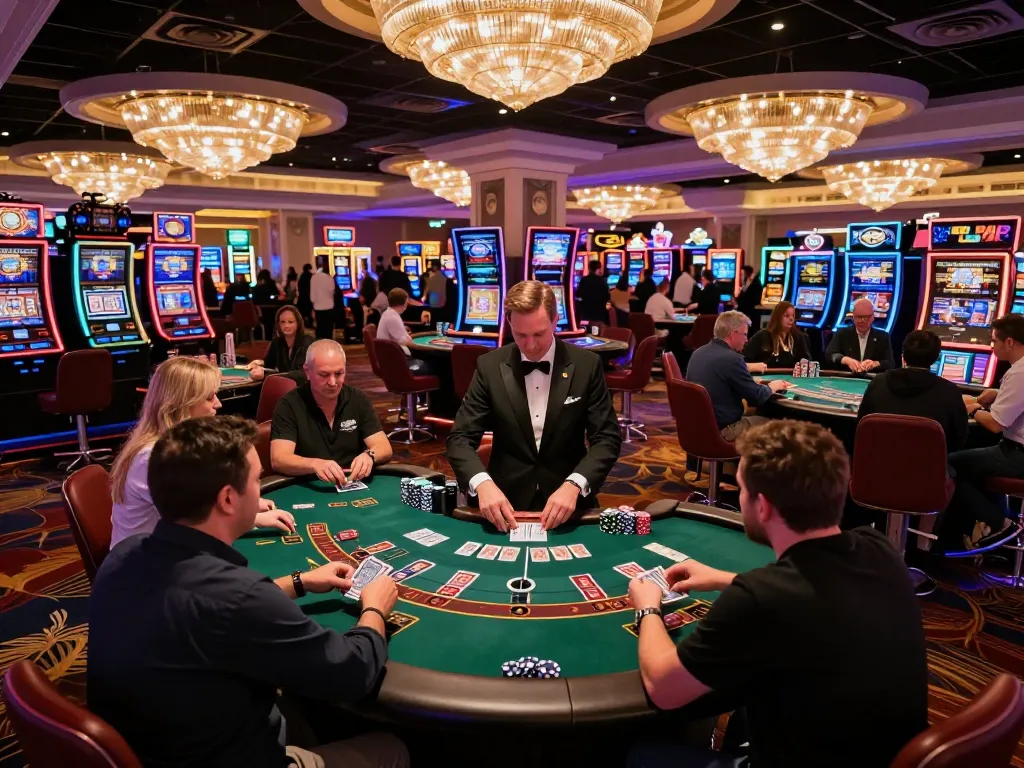 Players enjoying an exciting round of blackjack at a bustling casino using the 789win link for seamless betting.
