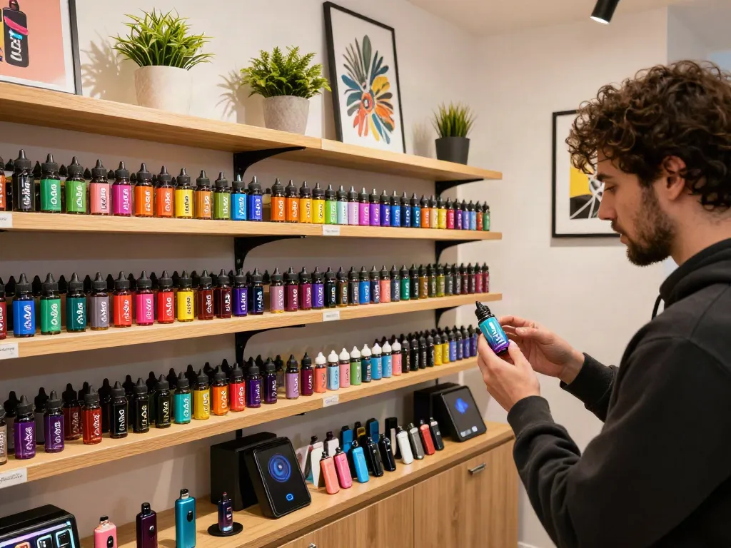 A customer exploring colorful 2x vape juice flavors at a modern vape shop.