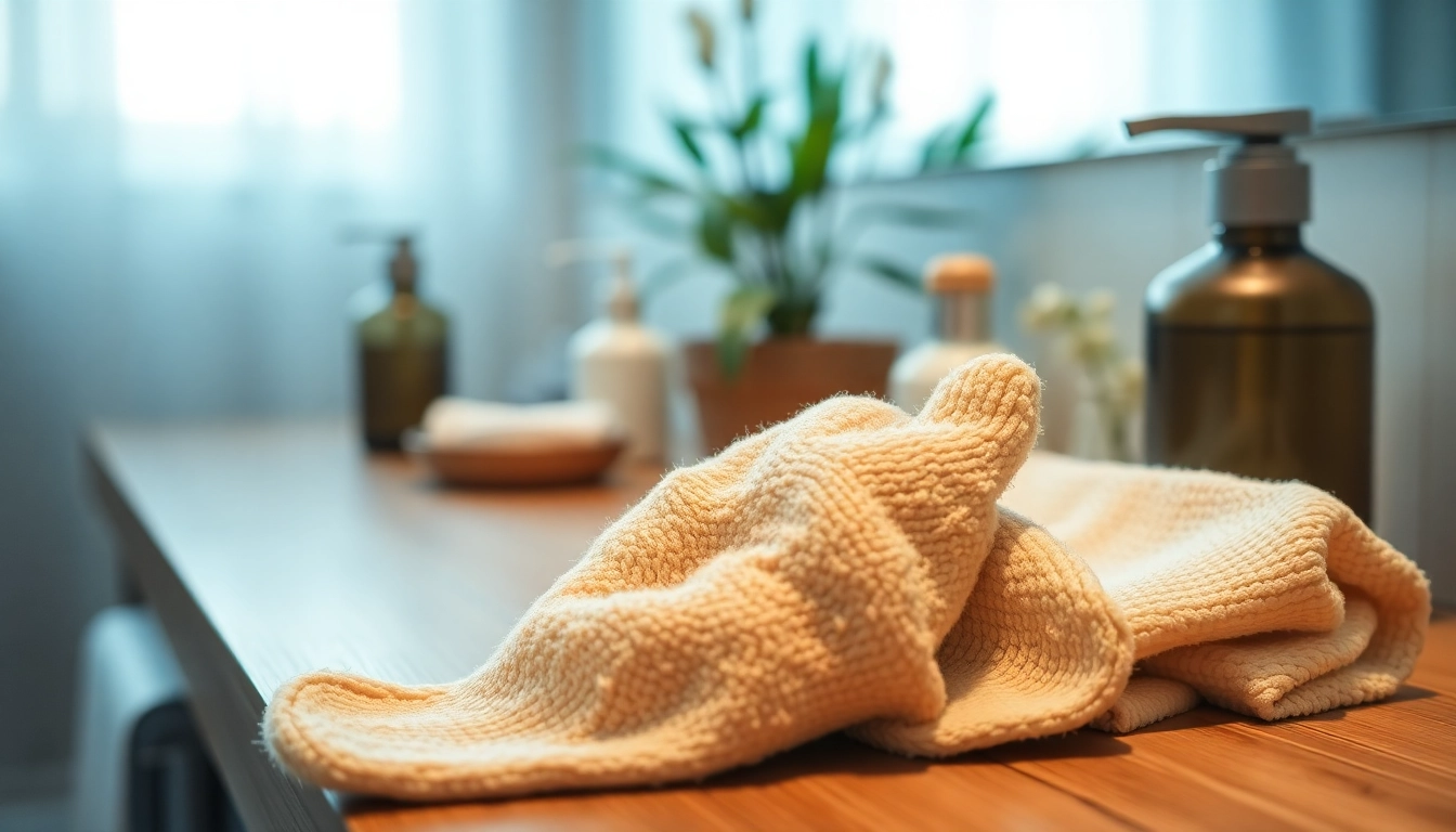 Gently exfoliate with a hand loofah glove, highlighting its textured surface and spa ambiance.