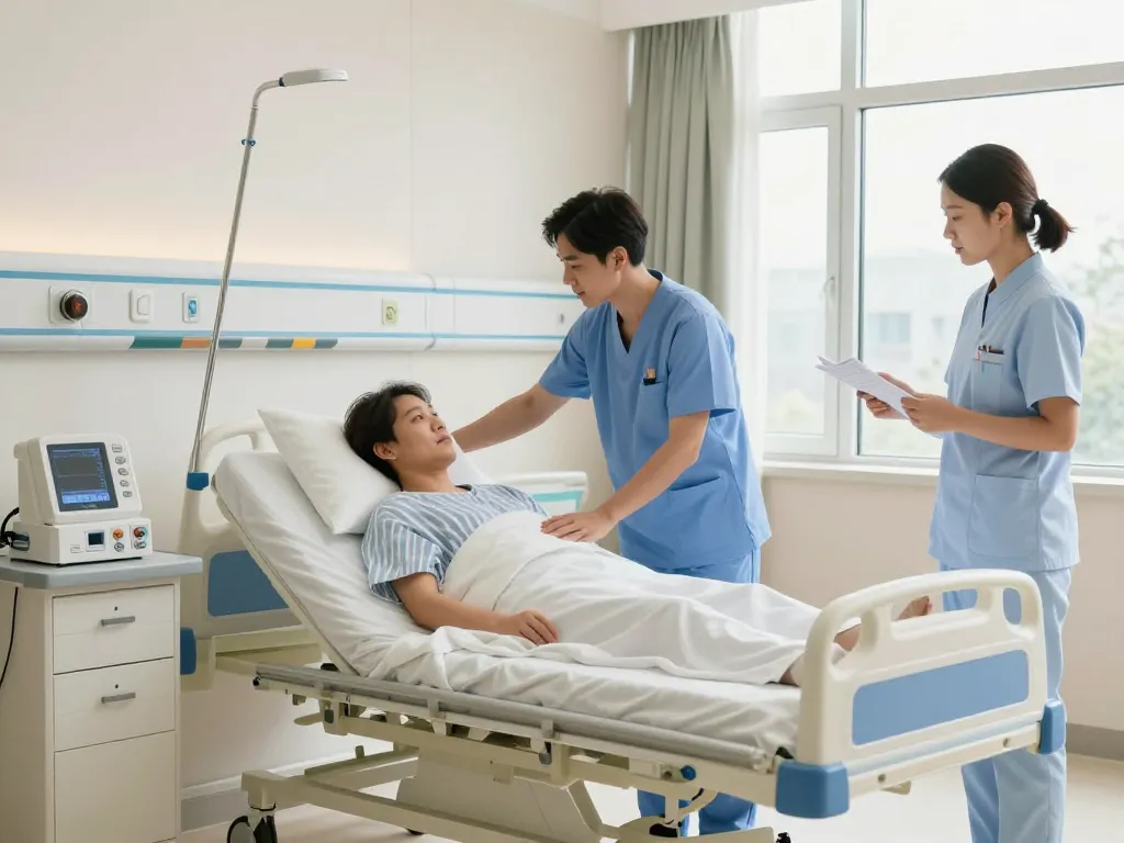 giường bệnh nhân in a modern hospital room with healthcare professional adjusting the bed for patient comfort