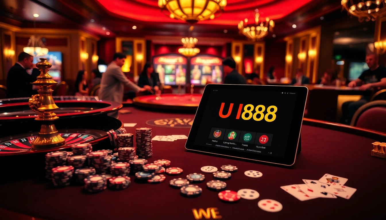 Exciting casino scene showcasing UU88 with poker chips, cards, and a roulette wheel.