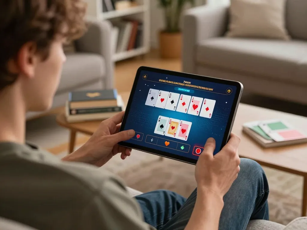 Engaging in live poker on tr88 com at home, showcasing strategic online gambling.