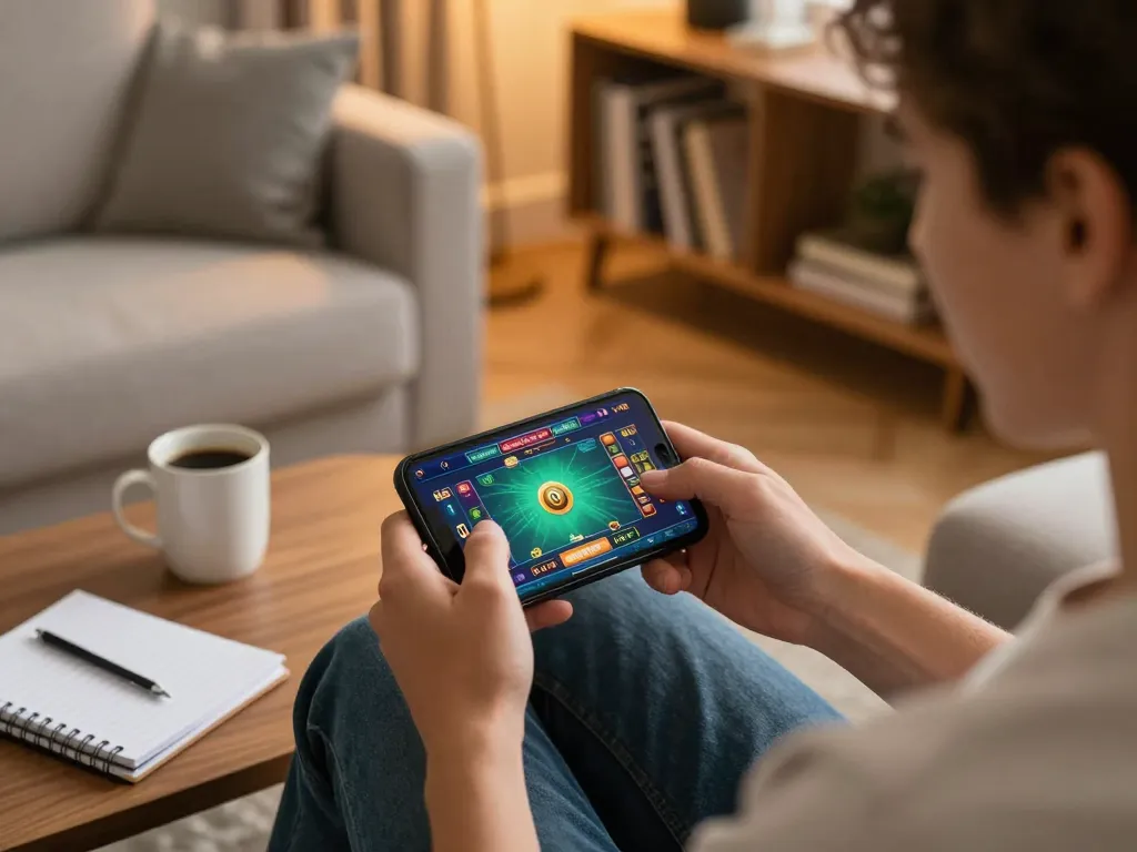 Player using smartphone for F168 mobile gambling strategy in cozy home atmosphere