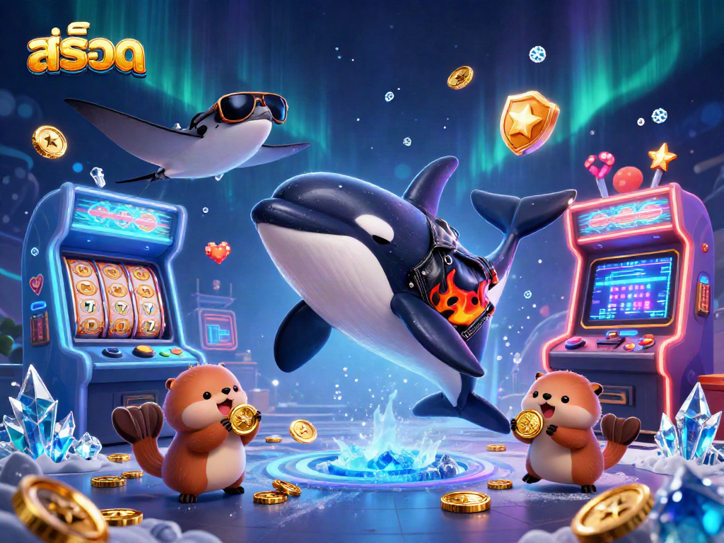 Feel the excitement of สล็อต action with a dynamic 3D scene featuring vibrant characters and gaming elements.