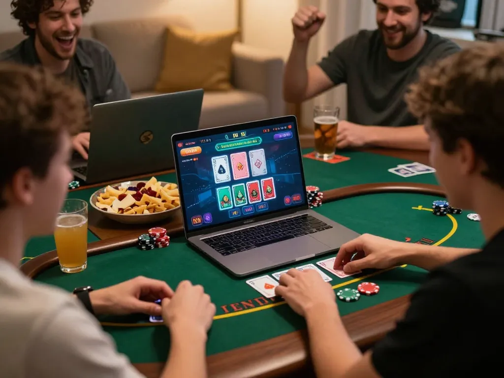 SIGAPBET players enjoying thrilling live dealer blackjack from home laptop, showcasing exciting online gambling.