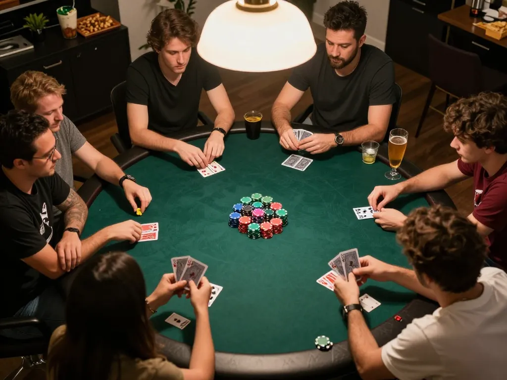 Players enjoying poker at home in a friendly game night, showcasing lively interaction and strategic gameplay on mb88-bm