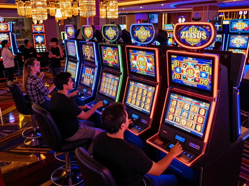Pemain menikmati mesin slot zeus dengan tampilan yang cerah, mengejar momen kemenangan di kasino yang ramai