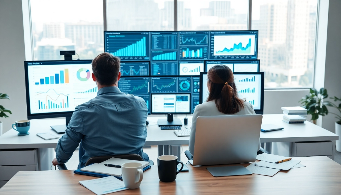 B2B competitive intelligence analysis in a modern office environment with data visuals.