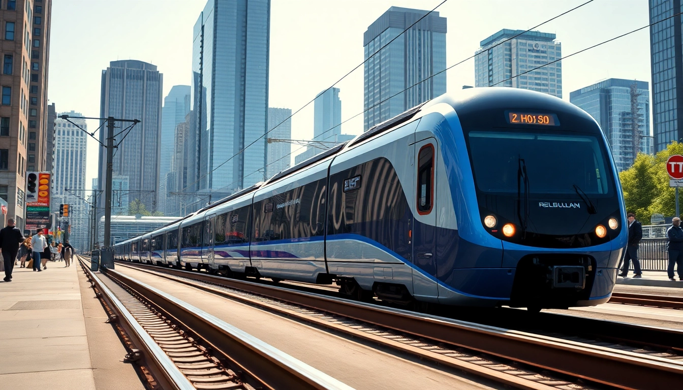 Dynamic view of rail systems with a high-speed train navigating urban landscapes.