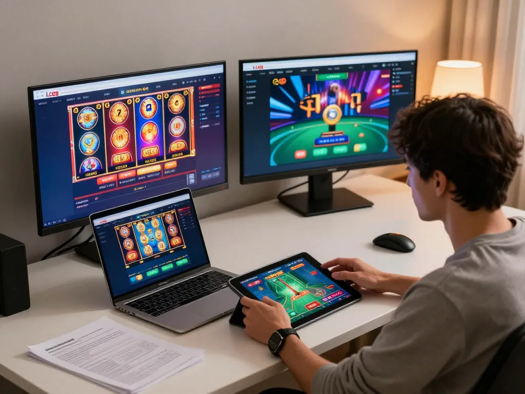 Engage with LC88 online, showing a professional gaming setup for immersive gambling action.