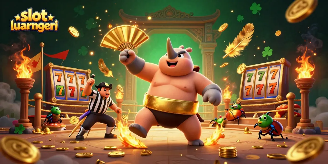 Experience thrilling gameplay in slot luar negeri with a cartoon rhinoceros beetle champion winning coins in an exciting arena!