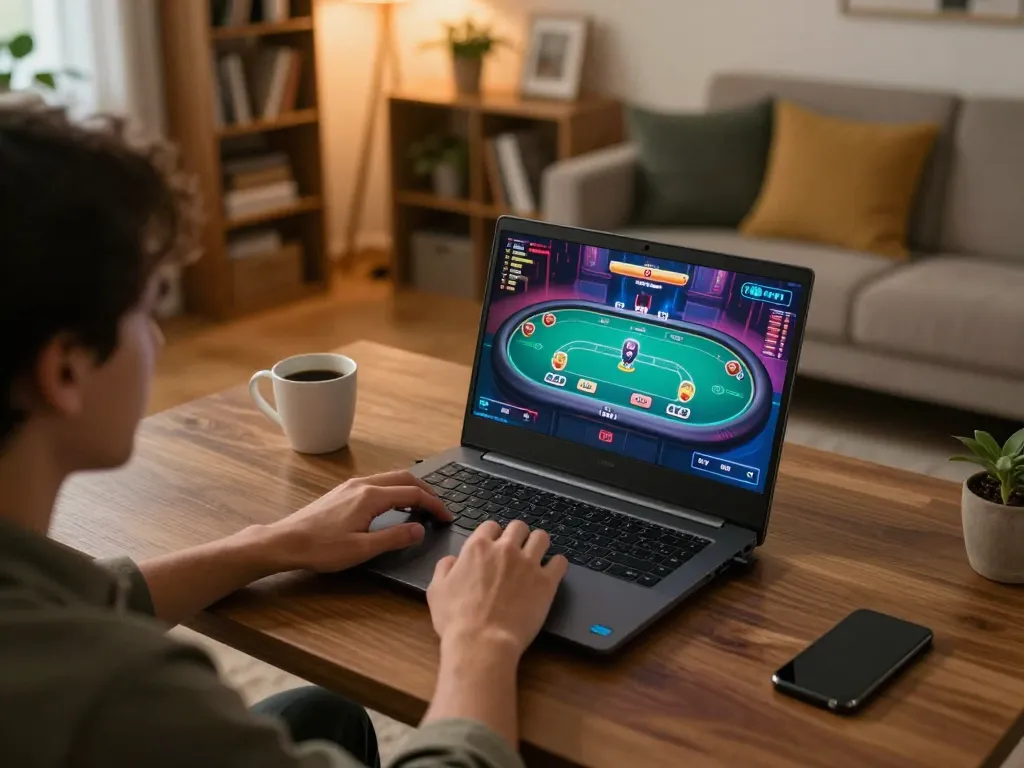 Player enjoying online poker at home using laptop, showcasing the fly88 gambling experience in a cozy setting