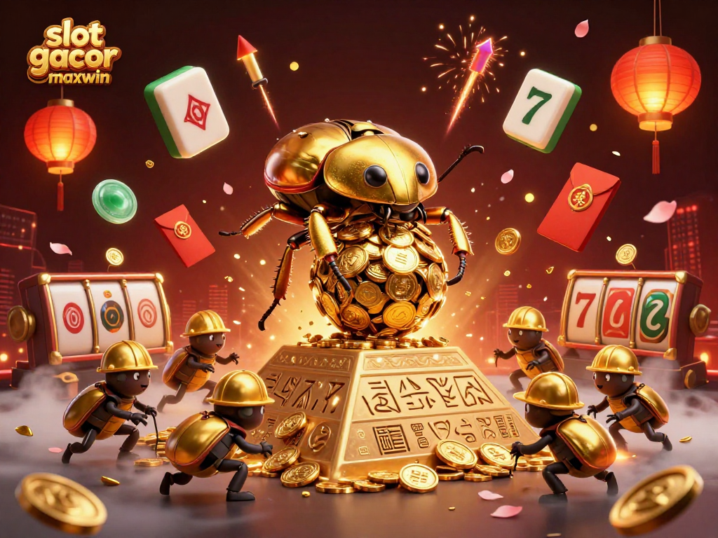 Roling bola emas slot gacor maxwin dengan simbol kasino dan lampion merah menyala.