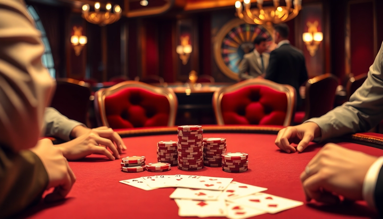 Jeu de poker excitant sur un site de casino en ligne de luxe avec des jetons et des cartes vibrants.