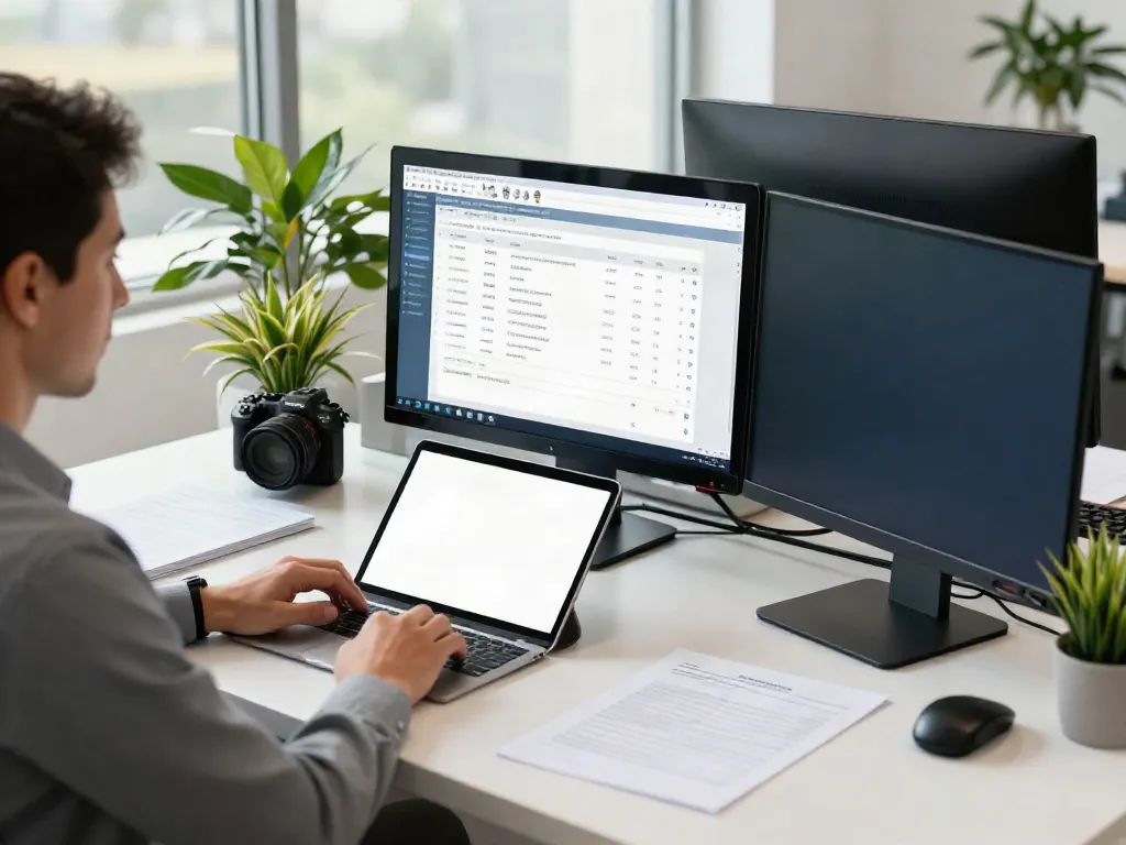 Efficient tax preparer utilizing service bureau tax software in a bright office.