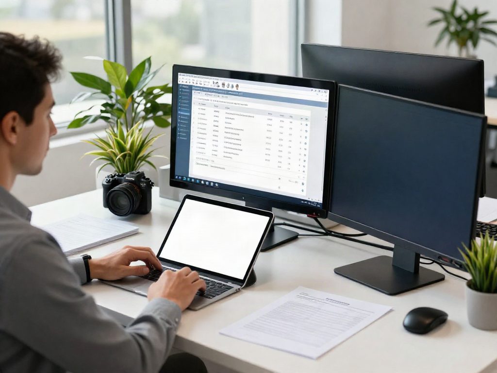 Efficient tax preparer utilizing service bureau tax software in a bright office.