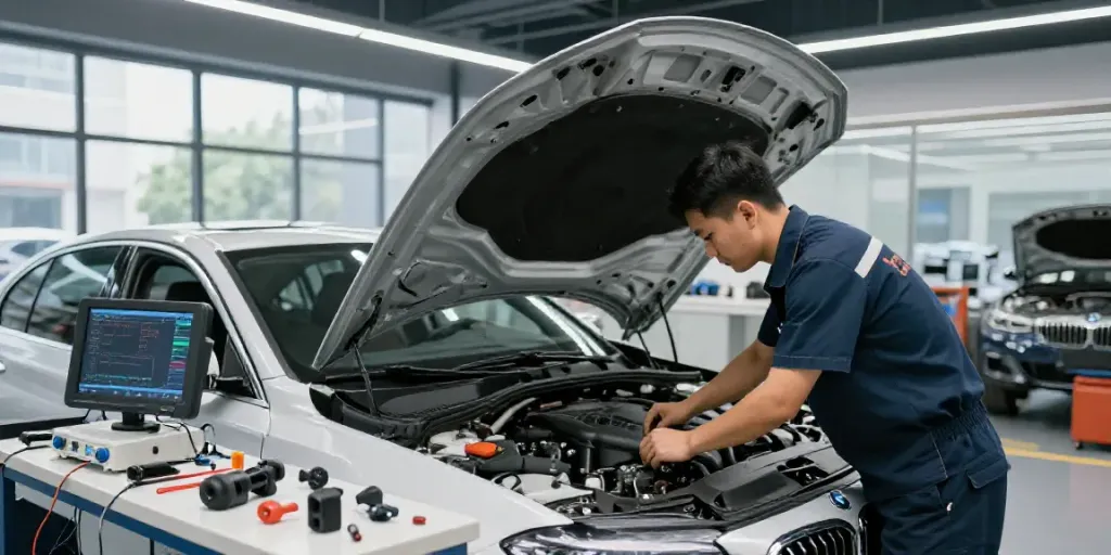 Professional BMW workshop scene showing expert mechanic servicing a vehicle, highlighting bmw werkstatt hannover.