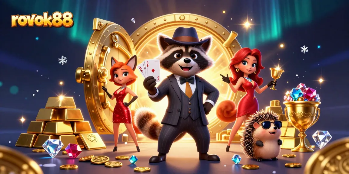 Experience high-stakes action with rokok88 as the suave raccoon, stylish fox, and hedgehog bouncer celebrate casino wins amidst treasures.