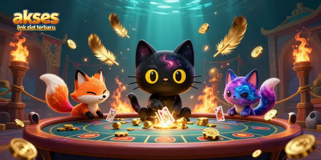Visualisasi akses link slot terbaru dengan karakter kucing hitam galaksi dan rubah nebula di meja kasino