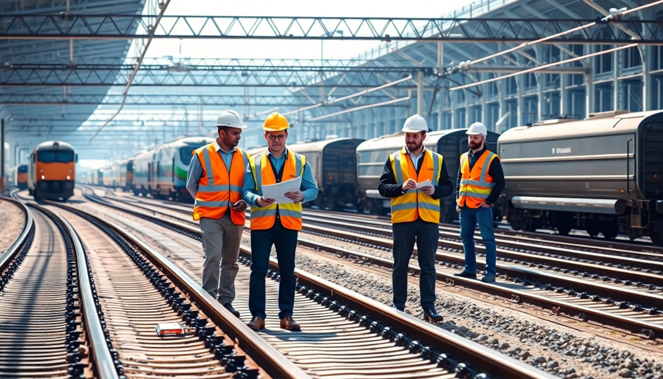 Railroad Engineering professionals collaborating on projects in a vibrant train yard.