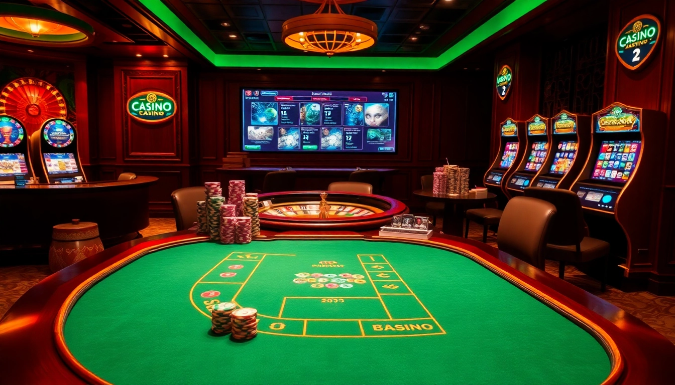 Une scène vibrante montrant un 'site de casino en ligne' de luxe avec une table de blackjack élégante et des machines à sous excitantes.
