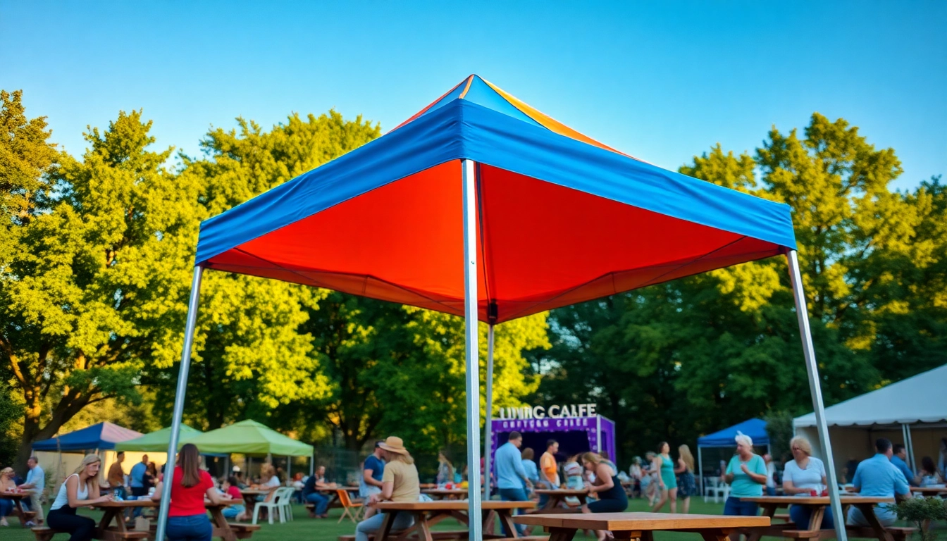 Enjoying a pop up canopy with bright colors at a lively outdoor event, providing shade and relaxation.