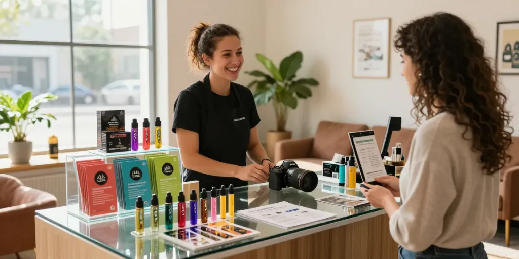Alien Labs cured resin vape products displayed in a chic dispensary environment, showcasing vibrant packaging and customer engagement.