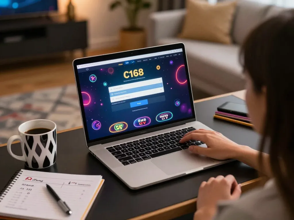 Login to C168 confidently while enjoying a playful home setting with a laptop and coffee.