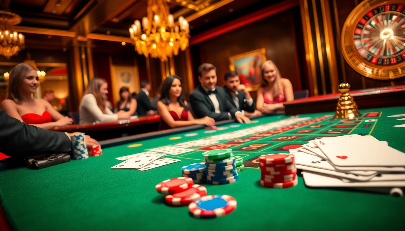 Scène captivante d'un site de casino en ligne avec des jeux de poker vibrants et de la roulette, montrant excitation et luxe.