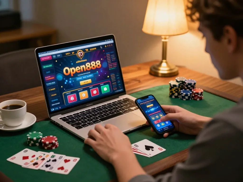 Engage in thrilling online gaming with open888 on a laptop and smartphone in a cozy setting.