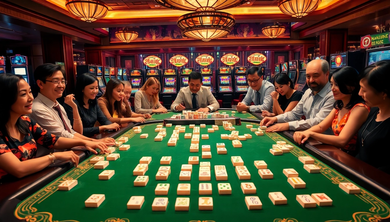 Para pemain berkompetisi di meja Mahjong mewah dalam suasana kasino yang meriah.