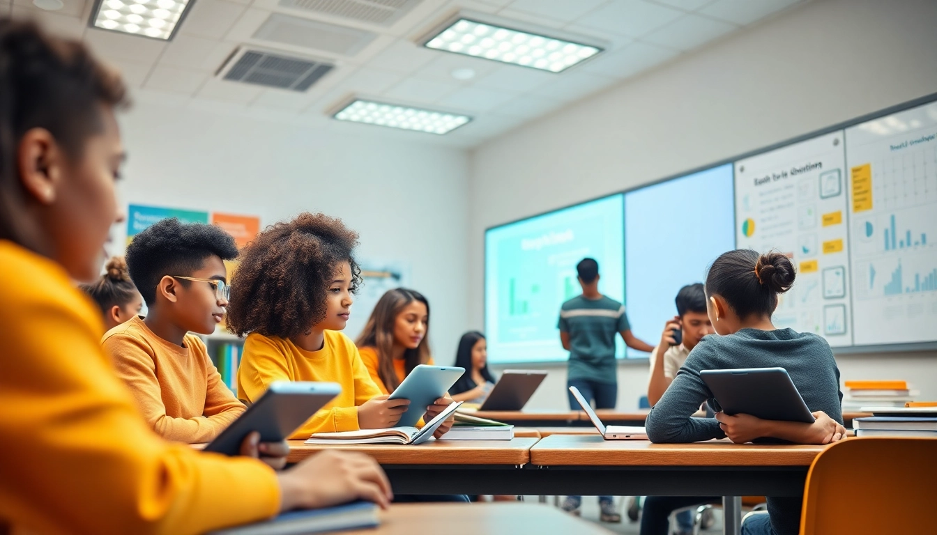 Dynamic classroom scene showcasing innovative education with diverse students collaborating using technology.