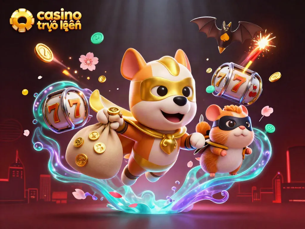 Các trò chơi thú vị tại casino trực tuyến với hình ảnh một chú chó siêu anh hùng mang theo túi vàng.
