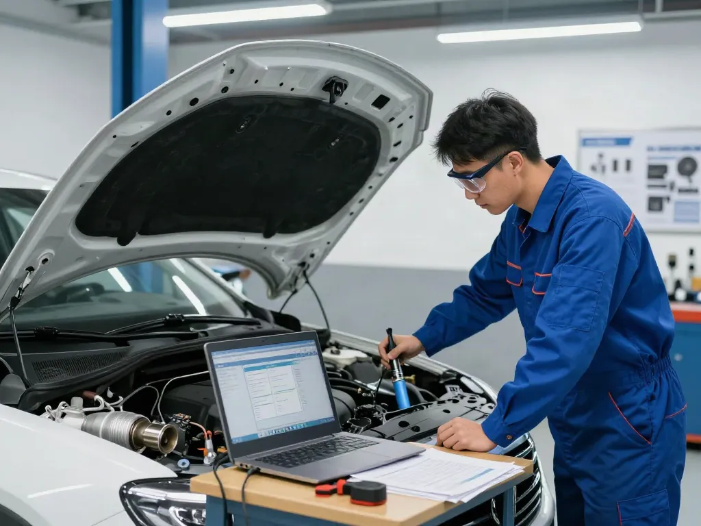 Mechaniker bei der DPF-Regeneration eines modernen Dieselmotors in einer Werkstatt.