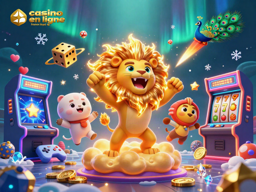 Jeu au casino en ligne France légal avec un lion et des dés dorés dans un univers coloré.
