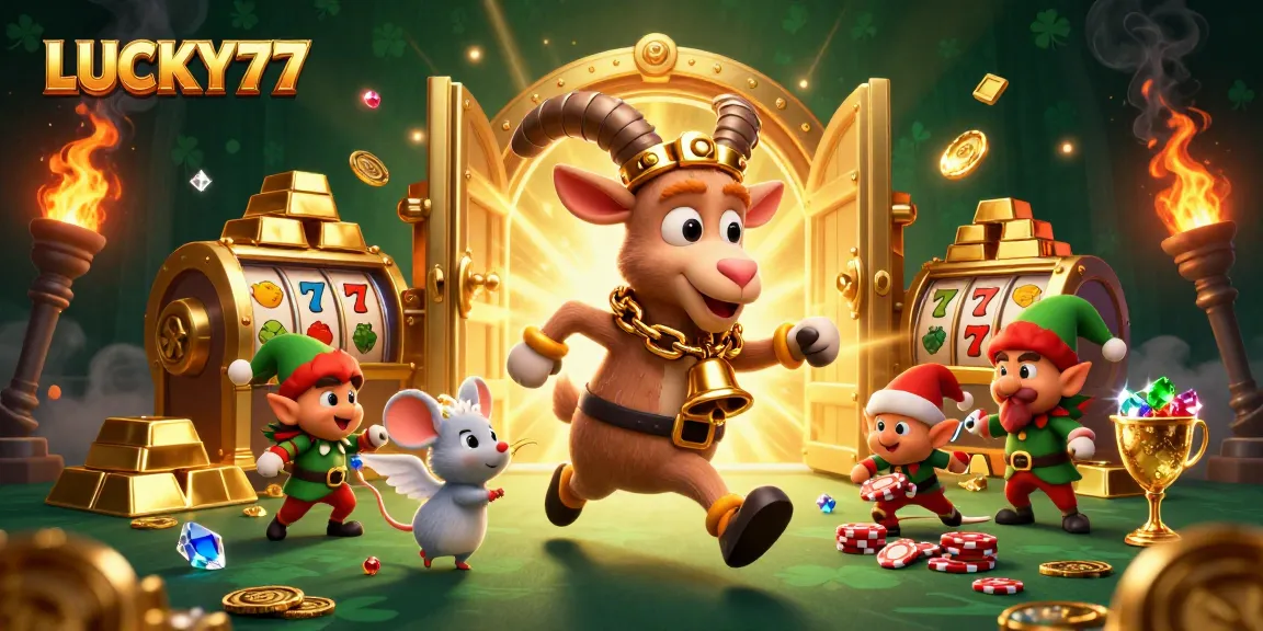 LUCKY77 captures a festive gambling scene with Krampus, angel mouse, and gremlins in a casino.