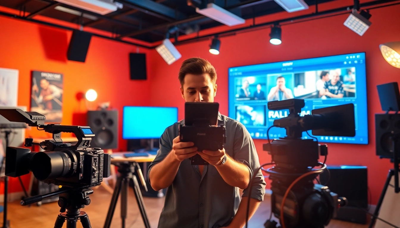Film Maker creating in a vibrant studio filled with professional equipment and editing tools.