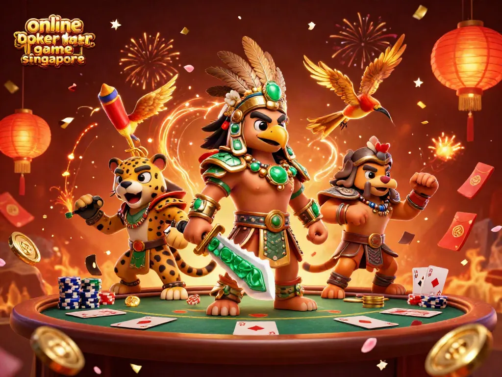 Engage in an online poker game in Singapore surrounded by vibrant characters, cards, and festive elements.
